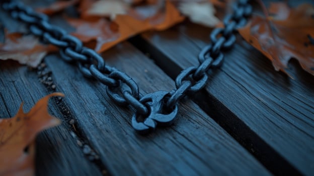 Autumn leaves surround dark chain link on wood photo