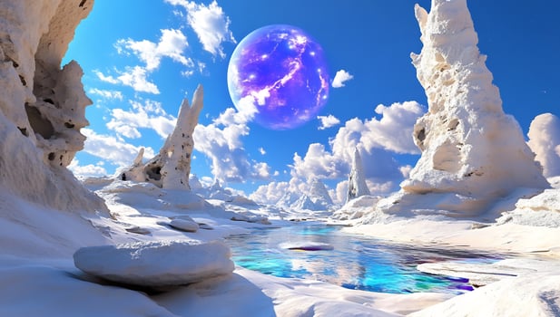 Surreal landscape with planet rock formations and water reflection under cloudy sky photo