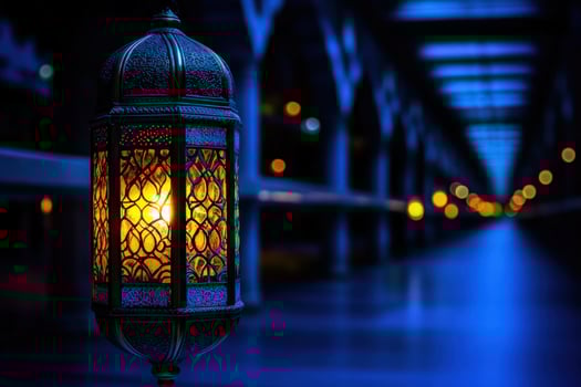 Illuminated lantern hanging, night market background, festive ambiance, Ramadan photo