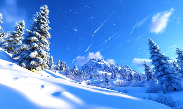 Winter landscape with snow covered hills and shooting stars under bright sky photo