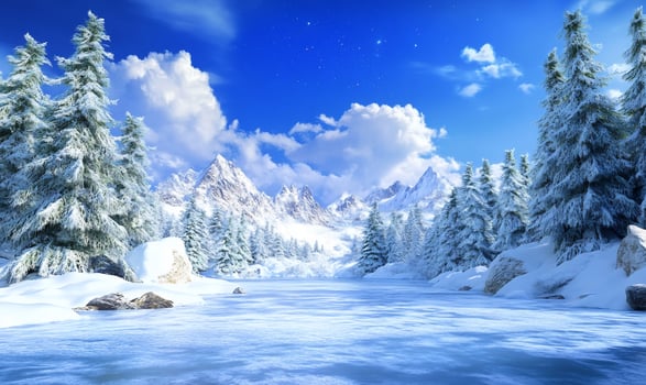Snowy mountain landscape with frozen lake winter nature scene photo