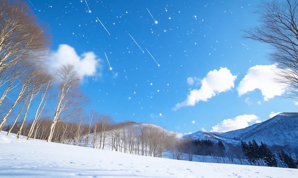 Winter landscape snow scene with meteor shower and blue sky photo