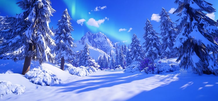 Winter snowscape with evergreen trees and mountain in background photo