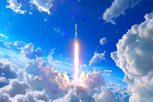 Rocket launching into blue cloudy sky space travel and technology photo