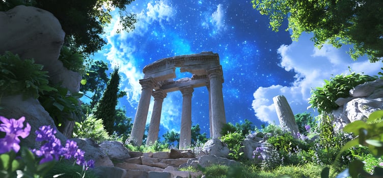 Stone archway in lush green landscape with blue sky scenic travel destination photo