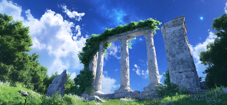 Ancient stone ruins landscape blue sky green ivy covered columns photo