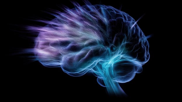 Glowing brain, energy bursts, dark background, mental health concept photo