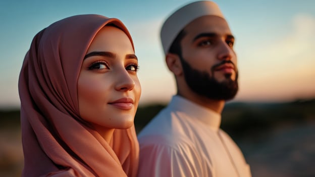 Muslim couple sunset desert hope photo
