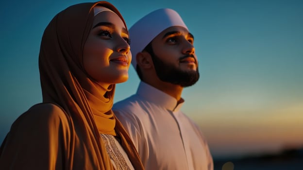 Muslim couple sunset hope desert romance photo