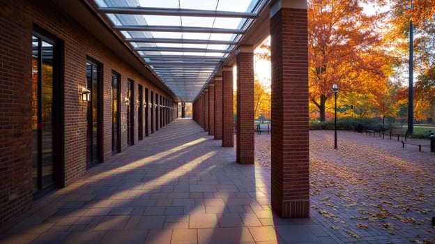 Autumnal colonnade walkway, campus sunrise, leaves, serenity photo