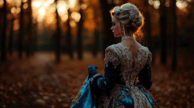 Woman in Rococo Gown Autumn Forest Sunset photo