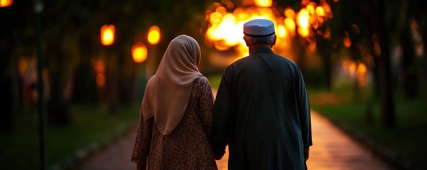Couple walking park path sunset, lights blurred background photo