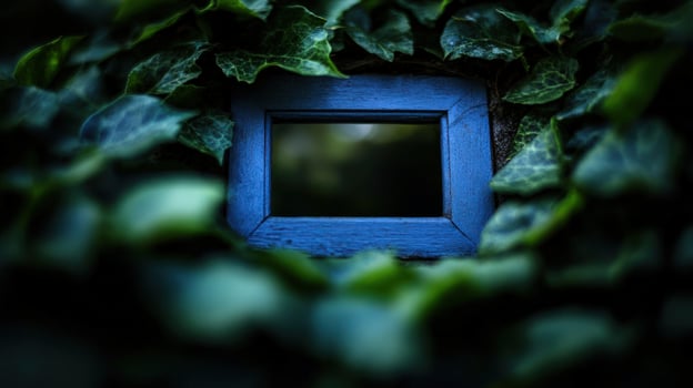 Blue frame in ivy, garden backdrop, nature scene, website design photo