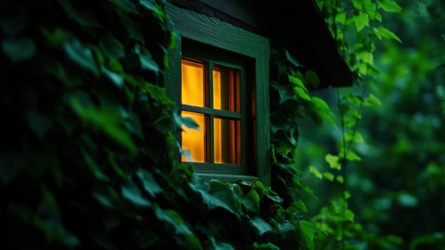Illuminated Cabin Window, IvyCovered, Night, Forest photo