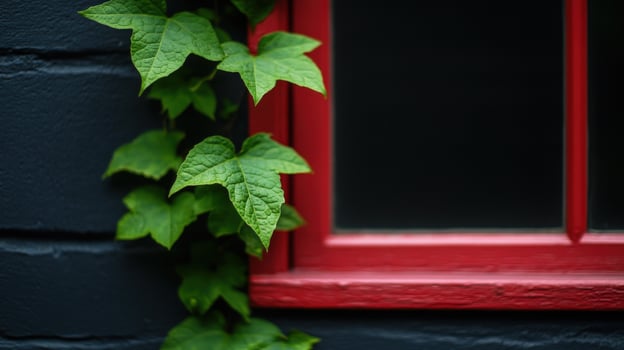 Ivy climbing dark brick wall, red window, urban background, nature design photo