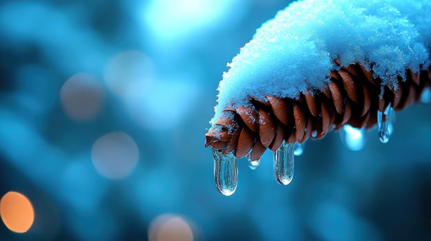 Snowy pine cone melting, winter forest, bokeh background, holiday card photo