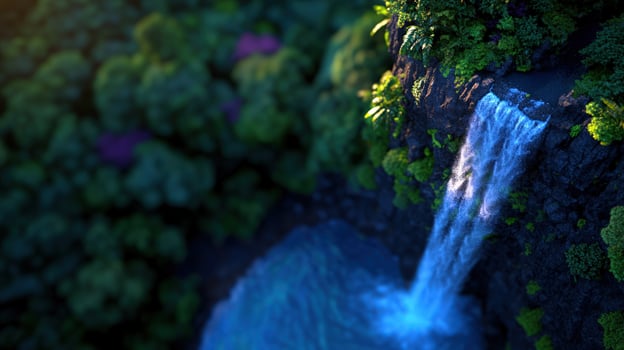 Aerial view sunset tropical waterfall lush forest photo