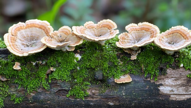 Shelf mushrooms growing on mossy log in the forest nature photo