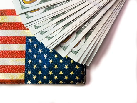 US flag and dollars, cash, dollars, US passport, US visa, travel to the US, money, cash, USA flag, USA dollar photo