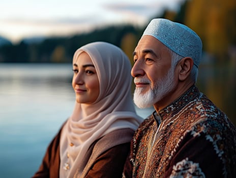 Muslim couple lakeside sunset serenity peace photo