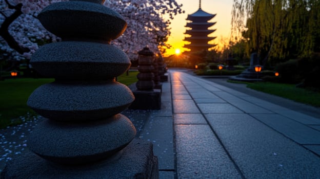 Pagoda sunset serenity, Japan temple path, cherry blossoms photo