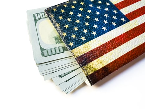 US flag dollars, cash, dollars, US passport, US visa, travel to the US, money, cash, USA flag, USA dollars. Copy space, flay lay, top view, white background photo
