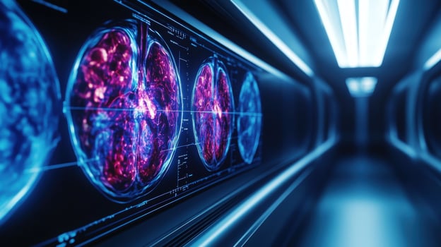 Futuristic hospital corridor displays brain scans photo