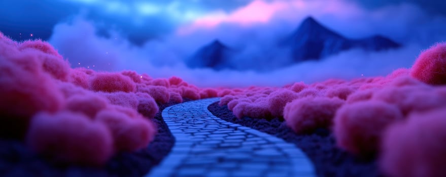 Pink cloudscape path, mountain backdrop, dreamy scene, game design photo