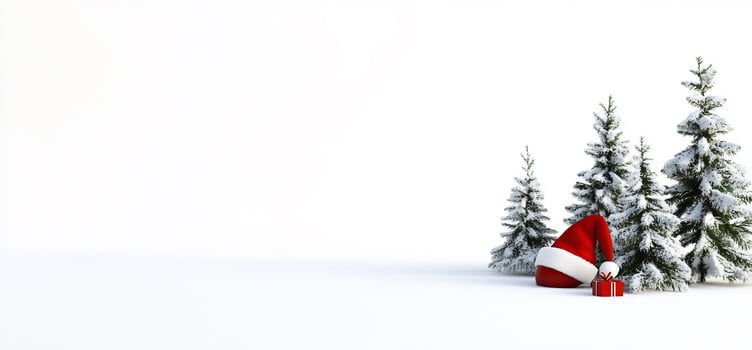 Winter landscape with snow covered trees santa hat and gift holiday season celebration photo