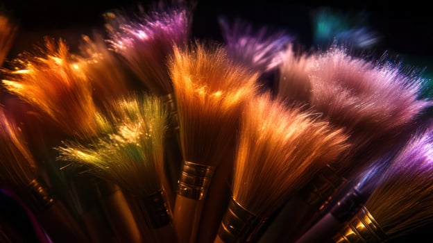 Colorful paintbrushes glow, studio shot, dark background, art supplies photo