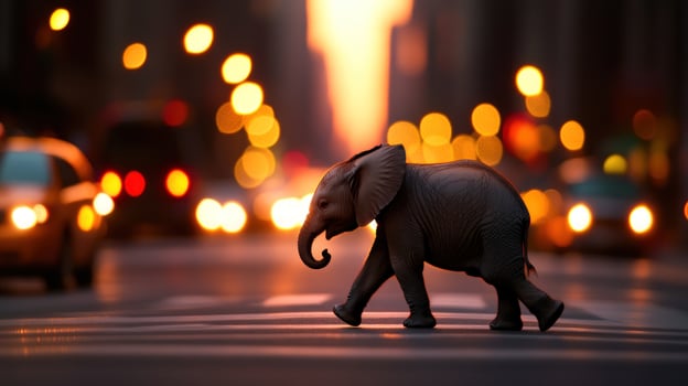 Baby elephant crossing city street at dusk, blurred traffic background conservation photo