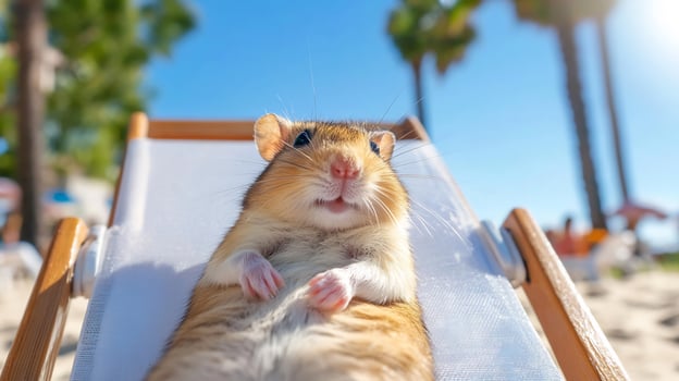 Hamster relaxing in a beach chair sunbathing pet on vacation photo