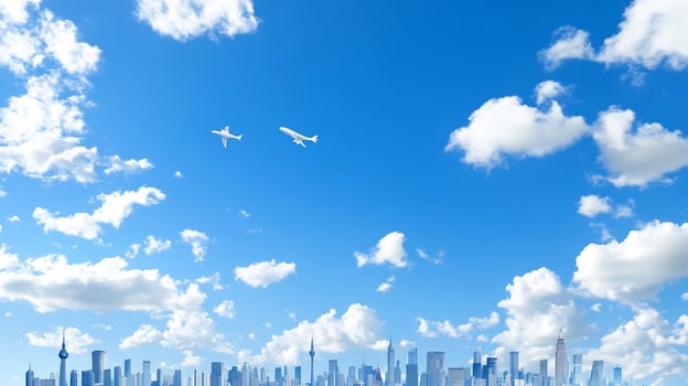 Airplane fly above cityscape under blue sky photo