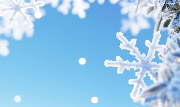 Snowflake close up on soft blue background for winter holiday season festive design photo