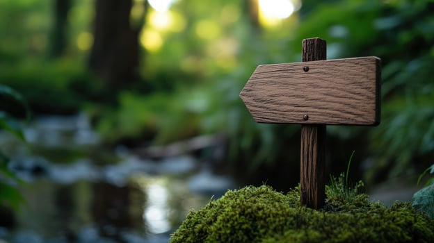 Blank wooden arrow sign, forest stream, mossy rock, nature background, direction guidance photo