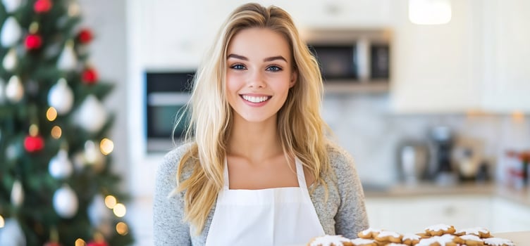 Woman smiling with christmas cookies in festive kitchen holiday baking preparation photo