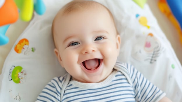 Happy baby smiling on blanket playtime portrait photo