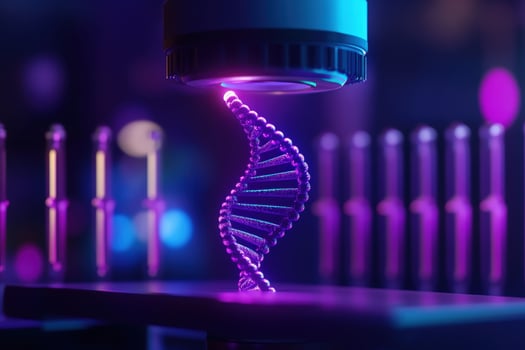 DNA strand lab analysis, microscope, genetic research, purple light photo