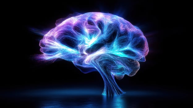 Glowing brain, digital art, dark background, concept photo