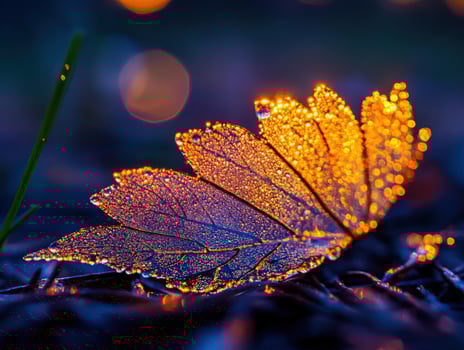 Dewkissed leaf, dawn forest floor, bokeh background, nature photography photo