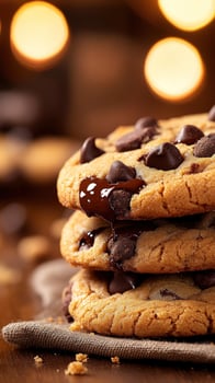Chocolate chip cookies stack, melted chocolate, bokeh lights, dessert, food photography photo
