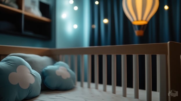 Baby crib, cloud pillows, night lights, hot air balloon decor, nursery photo
