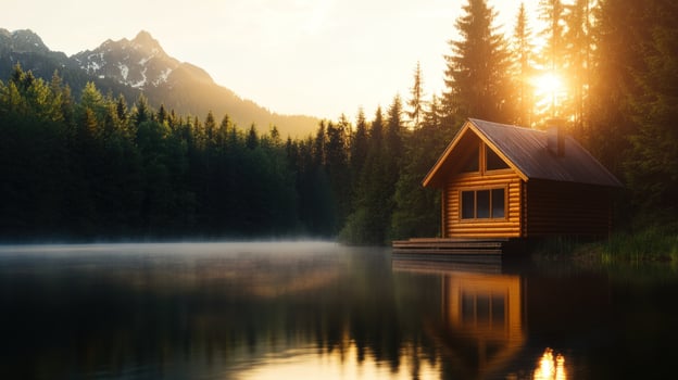 Sunrise cabin lake mountain escape photo