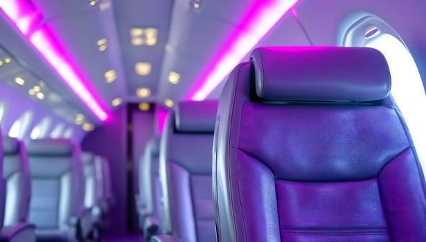 Aircraft interior with leather seats and illuminated lighting for commercial aviation and travel photo