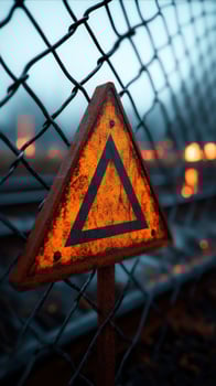 Rusty warning sign, foggy railway, industrial background, safety concept photo