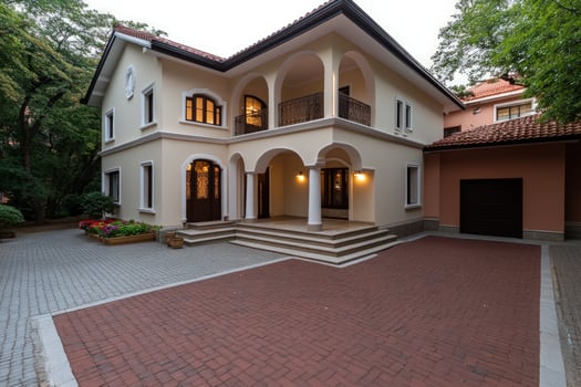 Luxurious suburban house twilight driveway garden photo