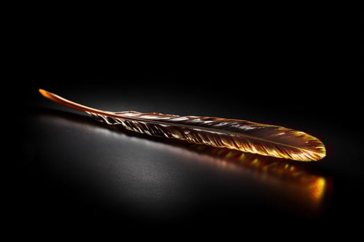 Amber feather sculpture, dark studio, reflective surface, artistic detail photo