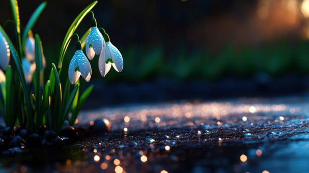 Dewkissed snowdrops bloom at dawn, forest background, spring greeting card photo