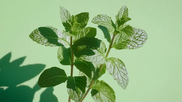 Fresh green herb sprig against solid background copy space photo