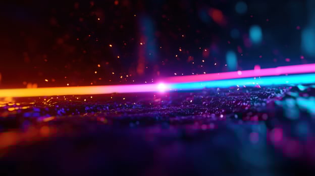 Neon light streaks across dark textured surface, glowing particles, abstract background, digital art photo